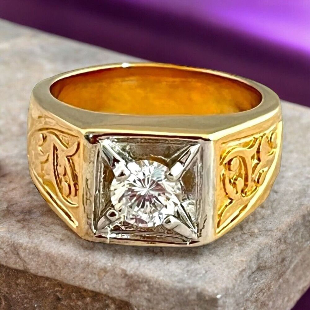 Vintage 1980s Cubic Zirconia Ring Size 10 Two Tone 18K Gold Plate - 14B